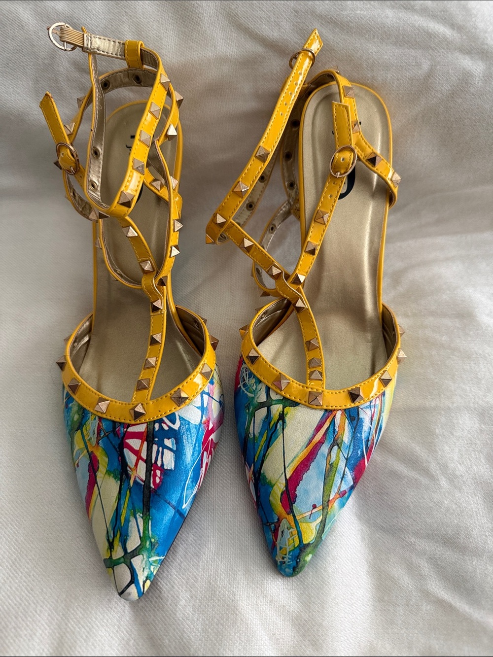 J.Renee Yellow Studded Strappy Pointed-Toe Multicolor Print Heels